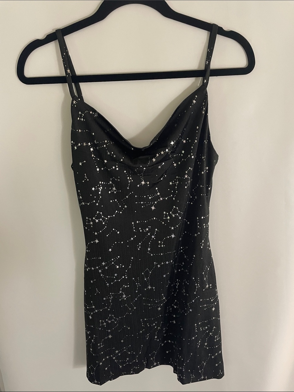Cowl Neck Black Mini Dress with White Star Constellation Print